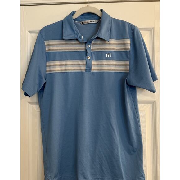 Travis Mathew Polo Men’s Small Blue Stripe Regular Fit SS Performance Golf - Picture 1 of 11